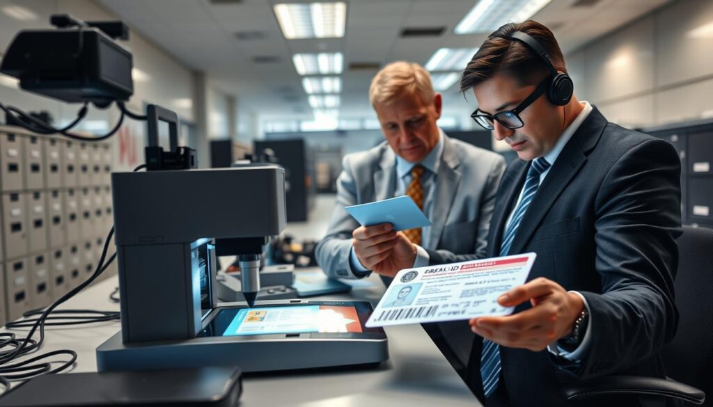A brightly lit, high-tech office interior showcasing the intricate process of creating a Real ID card. In the foreground, a sleek, modern workstation with a high-resolution digital camera and a specialized ID card printer, the latter emitting a soft glow as it precisely laser-etches vital information onto the card's surface. In the middle ground, a focused government official carefully handles the ID document, scrutinizing its details under a magnifying glass. In the background, rows of neatly organized filing cabinets and state-of-the-art security equipment suggest the gravity and precision required for this secure identification process. The atmosphere conveys a sense of professionalism, efficiency, and the importance of proper identification documentation.