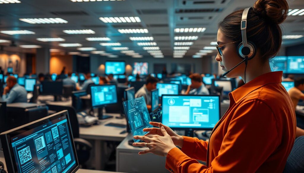 A bustling 24/7 customer support office, filled with the hum of laser printers and the glow of high-tech workstations. In the foreground, a customer service agent deftly handles an inquiry, their fingers flying across a sleek, holographic interface. The background is a kaleidoscope of activity - technicians monitoring data streams, managers overseeing operations, and the occasional flash of a QR code or biometric scanner. Warm, diffused lighting casts a professional, efficient atmosphere, while the crisp, clean lines of the modern interior design convey a sense of seamless, cutting-edge service. The overall impression is one of a state-of-the-art, 24/7 customer support operation, ready to assist at a moment's notice. A bustling 24/7 customer support office, filled with the hum of laser printers and the glow of high-tech workstations. In the foreground, a customer service agent deftly handles an inquiry, their fingers flying across a sleek, holographic interface. The background is a kaleidoscope of activity - technicians monitoring data streams, managers overseeing operations, and the occasional flash of a QR code or biometric scanner. Warm, diffused lighting casts a professional, efficient atmosphere, while the crisp, clean lines of the modern interior design convey a sense of seamless, cutting-edge service. The overall impression is one of a state-of-the-art, 24/7 customer support operation, ready to assist at a moment's notice.