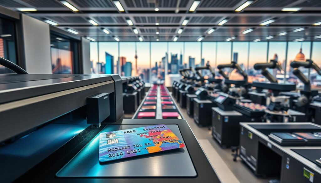 A bustling global document services hub, with sleek modern architecture and state-of-the-art technology. In the foreground, a high-precision laser printer meticulously embossing a government-issued ID card, its holographic security features glistening under the bright studio lighting. In the middle ground, rows of automated document processing stations, their robotic arms swiftly handling passports and official documents from around the world. The background showcases a panoramic view of major cities - London, New York, Toronto, Berlin, and Sydney - symbolizing the service's worldwide reach and capabilities. The scene conveys a sense of efficiency, security, and technological prowess in the world of global document management. A bustling global document services hub, with sleek modern architecture and state-of-the-art technology. In the foreground, a high-precision laser printer meticulously embossing a government-issued ID card, its holographic security features glistening under the bright studio lighting. In the middle ground, rows of automated document processing stations, their robotic arms swiftly handling passports and official documents from around the world. The background showcases a panoramic view of major cities - London, New York, Toronto, Berlin, and Sydney - symbolizing the service's worldwide reach and capabilities. The scene conveys a sense of efficiency, security, and technological prowess in the world of global document management.