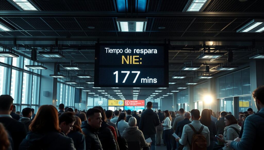 A bustling immigration office, bright overhead lights casting long shadows across the packed waiting room. In the center, a large digital display board shows the current ticket number and waiting time - "Tiempo de espera NIE: 147 minutos". Anxious individuals sit or stand, glancing between the board and their ticket slips. The atmosphere is tense yet determined, as the modern technological system efficiently manages the flow of applicants seeking their NIE identification cards. A perfect synthesis of bureaucratic order and advanced administrative processes, reflecting Spain's commitment to serving its diverse population.