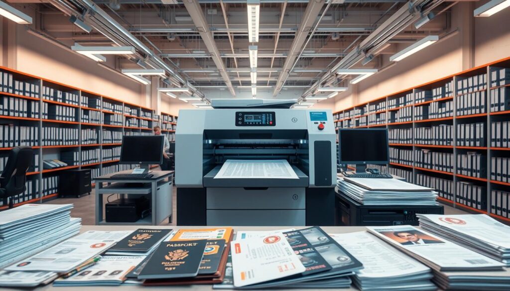 A bustling modern office space, filled with sleek document processing equipment and cutting-edge technology. In the center, a large high-tech laser printer effortlessly produces crisp, high-quality documents. The lighting is bright and clean, casting a professional atmosphere. The foreground showcases various government-issued ID cards and passports, while the background features rows of shelves stocked with organized files. An aura of efficiency and precision pervades the scene, reflecting the comprehensive document services offered by SmartDocumentsEmpire.com. A bustling modern office space, filled with sleek document processing equipment and cutting-edge technology. In the center, a large high-tech laser printer effortlessly produces crisp, high-quality documents. The lighting is bright and clean, casting a professional atmosphere. The foreground showcases various government-issued ID cards and passports, while the background features rows of shelves stocked with organized files. An aura of efficiency and precision pervades the scene, reflecting the comprehensive document services offered by SmartDocumentsEmpire.com.