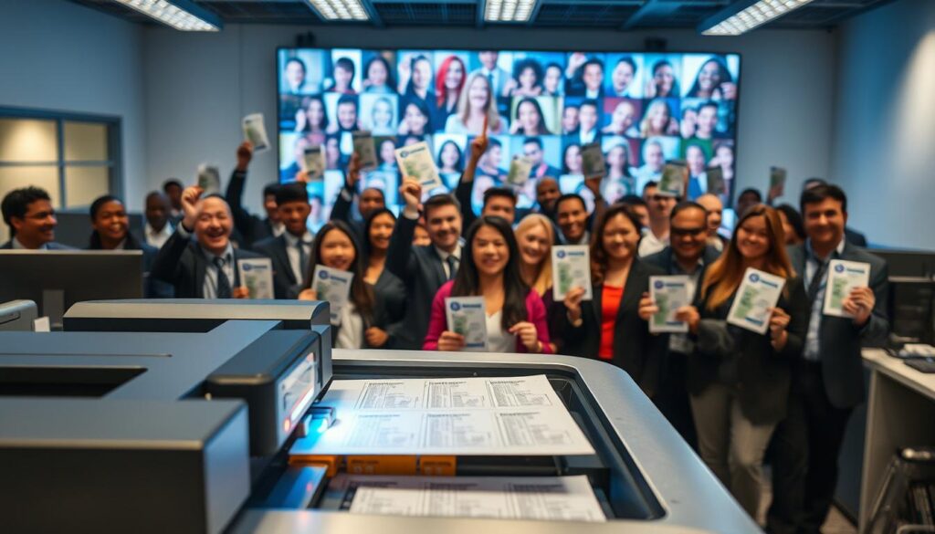 A bustling office scene, illuminated by the soft glow of technological devices. In the foreground, a sleek, high-tech machine rapidly laser-printing work permits onto official documents, each one a testament to the successful culmination of a client's journey. The middle ground is filled with professionals, their faces alight with triumphant expressions, holding their newly acquired permits aloft. In the background, a towering digital display showcases a montage of smiling faces, celebrating the diverse range of success stories. The overall atmosphere exudes a sense of accomplishment, efficiency, and the empowering potential of accessible work opportunities.