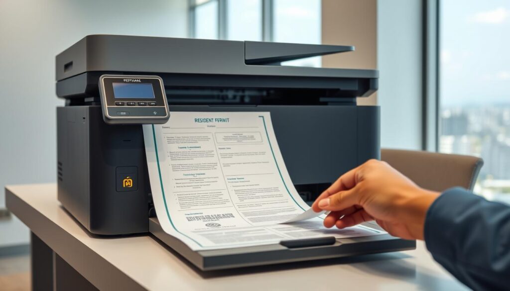A clean, well-lit office space with a modern, minimalist aesthetic. On a sleek desk, a state-of-the-art laser printer sits, its advanced technology ready to produce a residence permit document. In the foreground, a hand carefully places a blank form onto the printer's tray, the process of obtaining legal residency documentation unfolding. The background features a large window overlooking a vibrant cityscape, conveying a sense of progress and possibility. Subtle lighting highlights the precision of the process, creating an atmosphere of efficiency and professionalism.