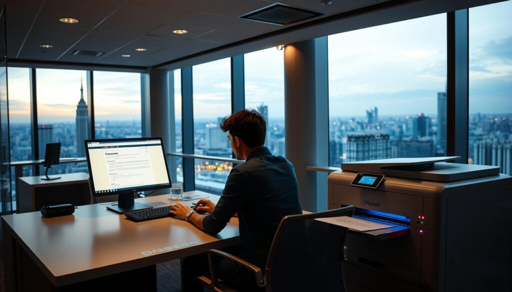 A contemporary office interior with a sleek, high-tech aesthetic. In the foreground, a person sits at a desk, intently focused on a laptop screen displaying a document application interface. The desk is equipped with a high-resolution laser printer, its LED indicators flashing as it processes a document. Overhead, recessed lighting casts a warm, productive glow, while floor-to-ceiling windows offer a panoramic view of a bustling cityscape beyond. The overall atmosphere conveys an efficient, streamlined process for applying for official documents through a modern, technology-driven platform.