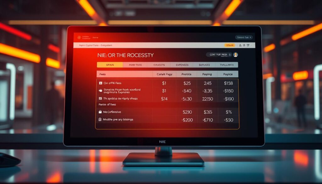 A crisp, high-resolution image of the cost of obtaining the NIE (Número de Identificación de Extranjero) in Spain. The image depicts a sleek, modern computer interface displaying a breakdown of the various fees and expenses involved in the NIE application process. The layout is clean and minimalist, with clear infographic elements highlighting the key cost components. The scene is bathed in a warm, futuristic glow, conveying a sense of advanced technology and efficiency. The overall impression is one of precision, transparency, and a seamless digital experience for navigating the NIE application.