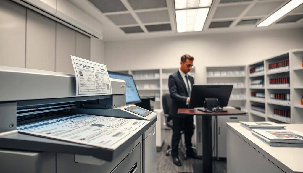 A crisp, high-tech office scene. In the foreground, a sleek laser printer rapidly churns out travel documents, their intricate details and security features clearly visible. Beside it, a state-of-the-art document scanning station, its screens displaying biometric data. The middle ground features a professional at a modern workstation, intently reviewing paperwork with a look of focused efficiency. In the background, shelves of neatly organized passports and ID cards suggest the comprehensive scope of the express delivery service. Bright, indirect lighting casts a clean, authoritative atmosphere, while the minimalist decor conveys a sense of streamlined, technology-driven productivity.