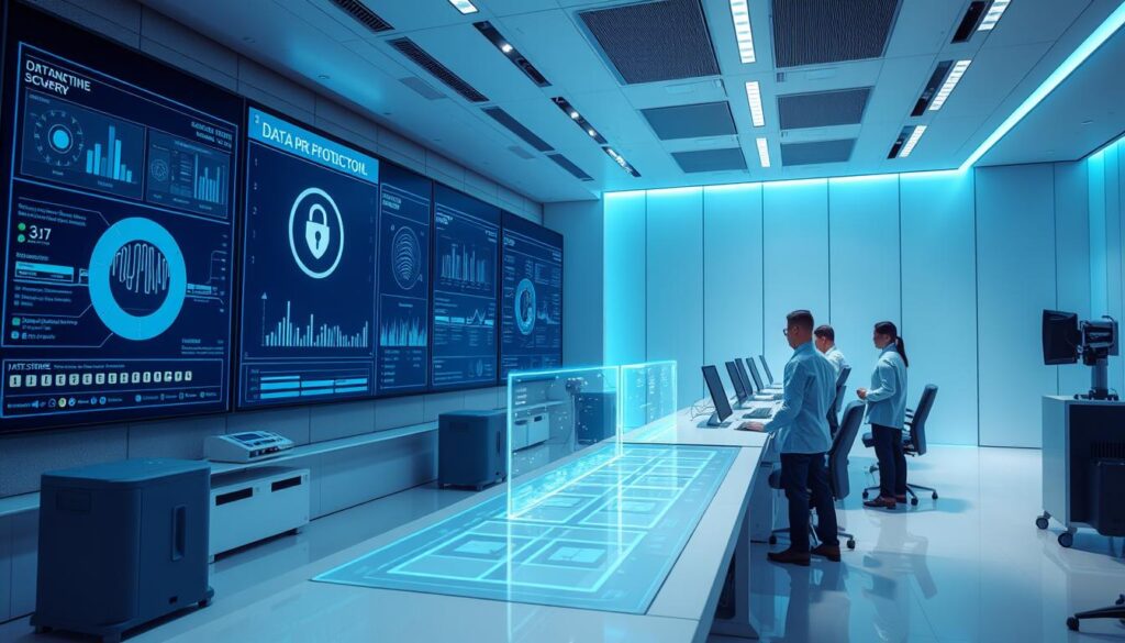 A detailed, futuristic data protection control room with advanced security measures. Sleek, minimalist interior with large display screens showing real-time analytics and security protocols. Holographic interfaces, biometric scanners, and secure encryption devices in the foreground. Technicians in crisp uniforms monitoring the systems. Soft blue lighting illuminates the scene, creating a sense of high-tech efficiency and digital safety.