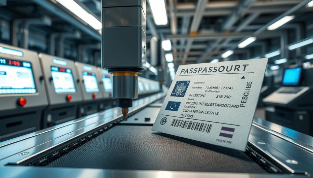 A detailed technical laboratory with rows of advanced processing devices, their sleek metallic casings and digital displays glowing under bright, directional lighting. In the foreground, a high-tech passport document is being precision laser-etched by a specialized machine, its intricate patterns and personalized information appearing with crisp clarity. The background features a panoramic view of the facility, showcasing the scale and sophistication of the immigration document processing system. An atmosphere of efficiency, security, and modern technological prowess pervades the scene.