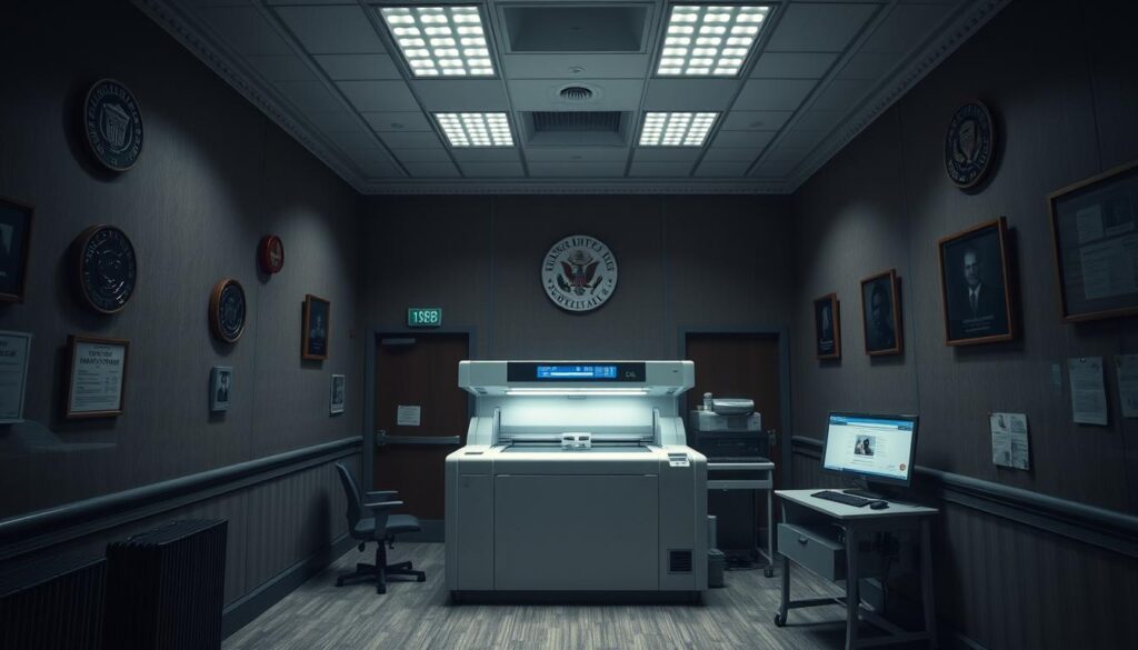 A dimly lit government office, the walls adorned with official seals and emblems. In the center, a high-tech biometric registration station, its sleek panels and touchscreens emitting a soft glow. A laser printer hums, capturing every detail of a forged document with precision, creating a flawless counterfeit ID that would pass even the most rigorous inspection. The atmosphere is tense, yet efficient, as skilled technicians navigate the complex process, ensuring the final product is indistinguishable from the real thing. This is the clandestine world of UK fake ID creation, where technology and craftsmanship converge to bypass the system.