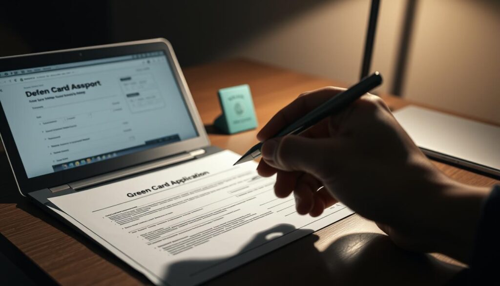 A dimly lit office setting, a desk featuring an open laptop and a green card application form, casting a soft glow. In the foreground, a hand holding a pen hovers over the document, reflecting the challenges and complexities of the green card application process. In the background, a 3D-printed model of a passport or ID card stands as a symbol of the technological advancements in document processing. Subtle shadows and highlights accentuate the tension and focus required to navigate the legal intricacies of the green card application. A dimly lit office setting, a desk featuring an open laptop and a green card application form, casting a soft glow. In the foreground, a hand holding a pen hovers over the document, reflecting the challenges and complexities of the green card application process. In the background, a 3D-printed model of a passport or ID card stands as a symbol of the technological advancements in document processing. Subtle shadows and highlights accentuate the tension and focus required to navigate the legal intricacies of the green card application.