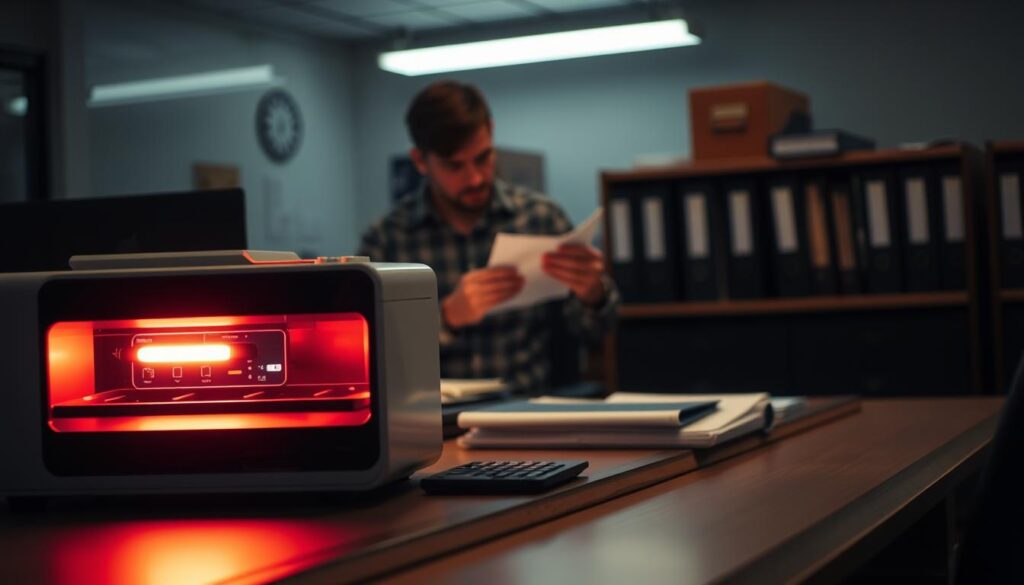 A dimly lit office setting, with an advanced technological workstation in the foreground. The desk is adorned with a sleek, high-tech laser printer, its bright LED indicators casting a warm glow. In the middle ground, a person is carefully examining a document, likely a new social security card, while the background reveals a well-organized filing system, hinting at the importance of proper record-keeping. The scene conveys a sense of professionalism and attention to detail, reflecting the complex process of obtaining a new social security card.