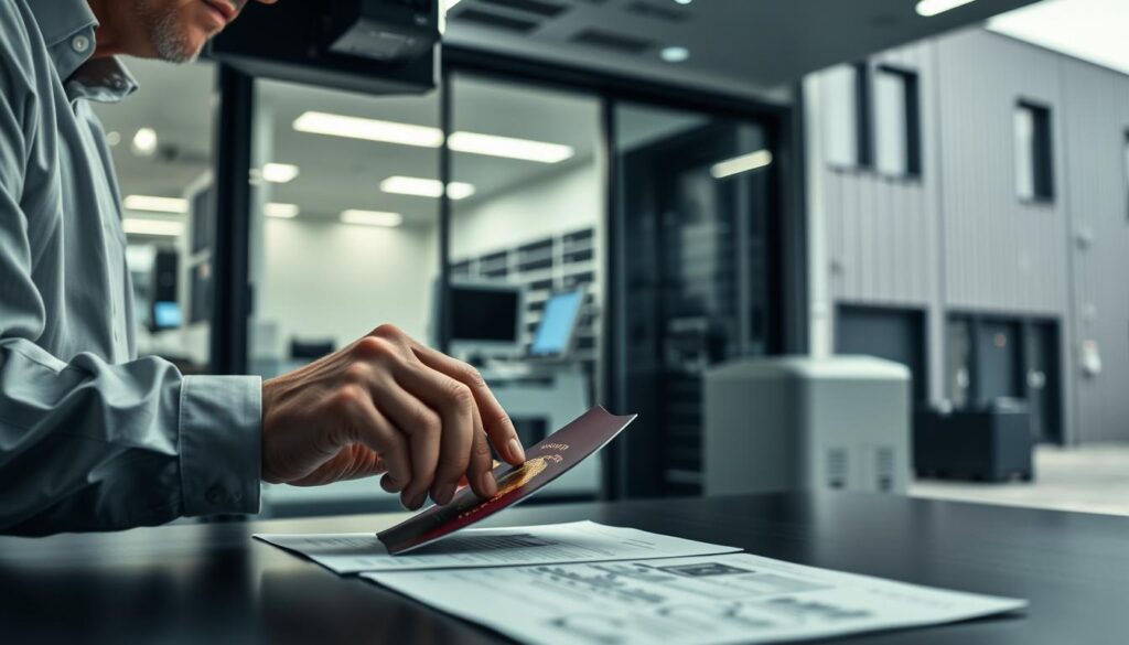 A discreet courier service handling sensitive documents, with a high-tech setup. The foreground shows a technician carefully laser-printing onto a passport, their hands moving with precision. The middle ground reveals a sleek, modern office space, filled with advanced printing equipment and secure storage. The background showcases the exterior of a nondescript industrial building, blending seamlessly into the urban landscape. Soft, diffused lighting creates an atmosphere of professionalism and discretion, while the overall composition conveys a sense of technological capability and attention to detail.