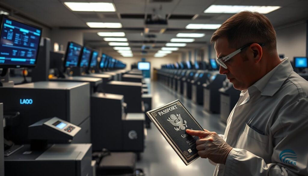 A discreet global shipping hub, bathed in a soft, indirect light that casts long shadows across a meticulously organized workspace. Rows of high-tech printing machines silently churn out secure travel documents, their laser-etched details gleaming under the glow of monitors displaying real-time shipping data. In the foreground, a skilled technician examines a freshly minted passport, their hands moving with practiced precision as they carefully inspect each security feature. The atmosphere is one of quiet efficiency, where cutting-edge technology and expert craftsmanship converge to provide discreet, worldwide shipping solutions for those in need.