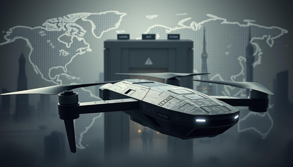 A discreet worldwide shipping service operating in the shadows, utilizing state-of-the-art technology. In the foreground, a sleek, futuristic delivery drone hovers, its propellers casting a soft glow. Intricate circuits and laser-etched details adorn its surface, hinting at the advanced systems powering its covert operations. In the middle ground, a high-security facility emerges, its facade adorned with biometric scanners and secure access points. The background is a montage of global landmarks, suggesting the far-reaching capabilities of this discreet network. Soft, muted lighting and a sense of mystery pervade the scene, creating an atmosphere of technological precision and discretion.