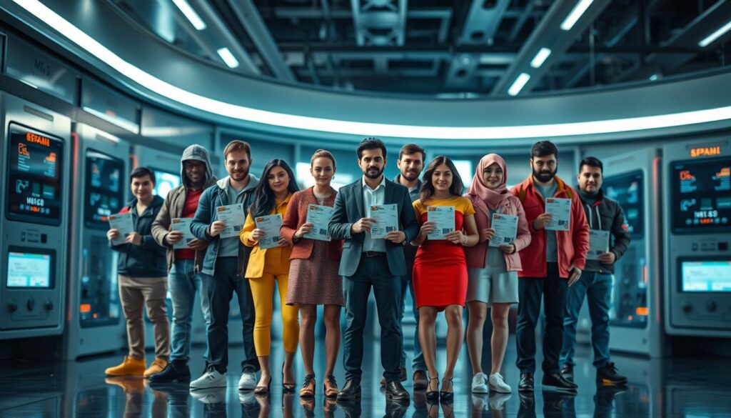 A diverse group of individuals from around the world, each holding a National Identification Number (NIE) document, standing against a backdrop of advanced technological machinery. The scene is illuminated by sleek, futuristic lighting, conveying a sense of sophistication and precision. The figures are posed with confidence, symbolizing the seamless integration of global citizens into the Spanish bureaucratic system. The overall atmosphere exudes a harmonious blend of international representation and state-of-the-art administrative efficiency.