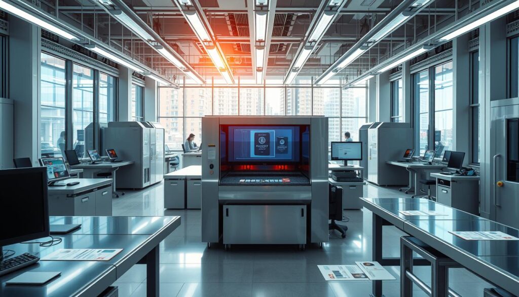 A fast-paced, high-tech workspace with advanced document processing equipment. Metallic and glass workstations, sleek desks, and futuristic lighting. A large central machine akin to a laser printer, rapidly scanning and stamping official documents like passports and ID cards. The environment is clean, efficient, and imbued with a sense of urgency, reflecting the expedited nature of the processing. Bright, natural light streams in through floor-to-ceiling windows, casting a warm glow over the technologically-advanced setting. The overall atmosphere conveys a sense of professionalism, innovation, and the ability to deliver results swiftly.