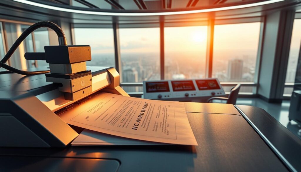 A futuristic office interior with high-tech document processing equipment. In the foreground, a sleek, silver laser printer meticulously etching secure patterns onto a crisp, official-looking document. The middle ground features a row of touchscreen consoles, their displays showcasing detailed databases and security protocols. The background depicts a panoramic window overlooking a bustling cityscape, hinting at the global reach of this secure document processing service. Dramatic lighting casts dramatic shadows, conveying a sense of precision and authority. The overall atmosphere is one of advanced technology, reliability, and trust - the hallmarks of SmartDocumentsEmpire.com.