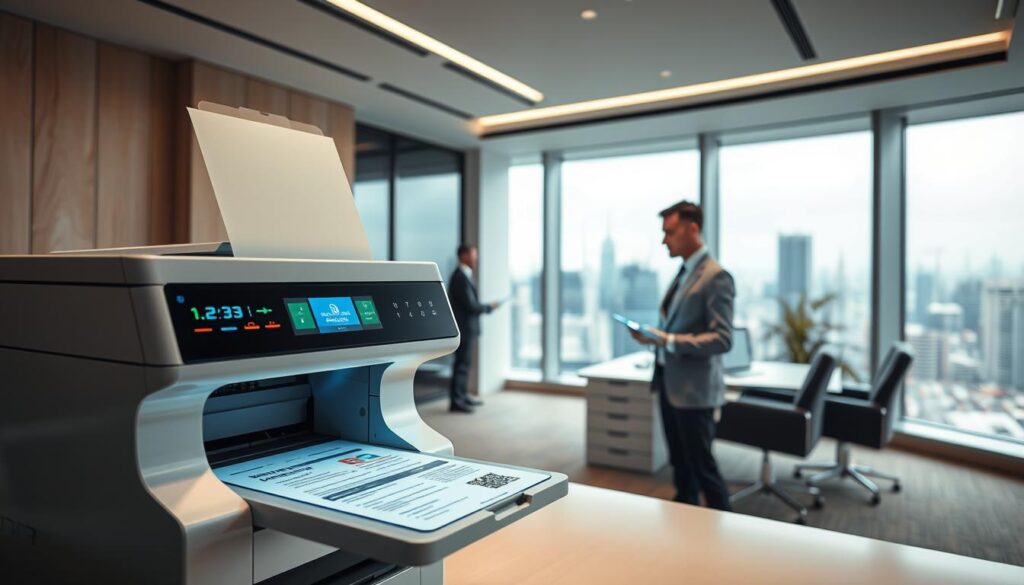 A futuristic office interior with sleek, minimalist design. In the foreground, a high-tech document printer/scanner rapidly processing a green card application form. Colorful status indicators and holographic interfaces project an air of efficiency and technological sophistication. In the middle ground, a businessman in a suit interacts with a virtual touchscreen, guiding the application process. The background features floor-to-ceiling windows overlooking a bustling cityscape, conveying a sense of progress and global connectivity. Soft, indirect lighting and muted, earth-toned colors create a calming, professional atmosphere. A futuristic office interior with sleek, minimalist design. In the foreground, a high-tech document printer/scanner rapidly processing a green card application form. Colorful status indicators and holographic interfaces project an air of efficiency and technological sophistication. In the middle ground, a businessman in a suit interacts with a virtual touchscreen, guiding the application process. The background features floor-to-ceiling windows overlooking a bustling cityscape, conveying a sense of progress and global connectivity. Soft, indirect lighting and muted, earth-toned colors create a calming, professional atmosphere.