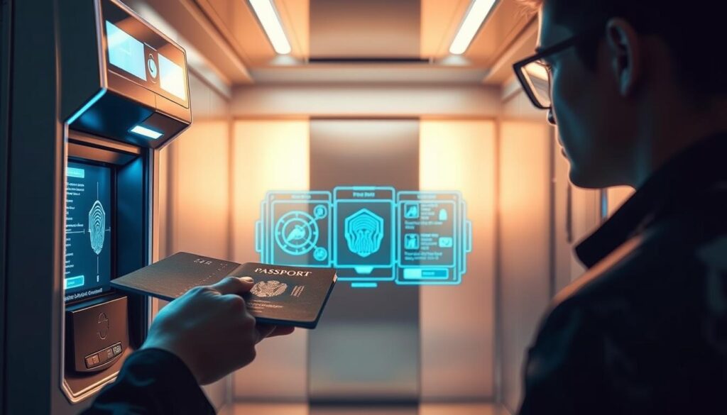 A futuristic scene of the passport verification process, captured in a sleek, high-tech setting. In the foreground, a state-of-the-art biometric scanner meticulously examines a traveler's passport, the laser-etched details illuminated under the soft glow of LED lighting. In the middle ground, a series of holographic displays showcase the document's authenticity, with intricate security features visible to the trained eye. The background is dominated by a clean, minimalist interior, with smooth metallic surfaces and a subtle ambient hue that conveys a sense of efficiency and precision. The overall atmosphere is one of cutting-edge technology, seamlessly integrated into the verification process, ensuring a secure and streamlined experience for the traveler.