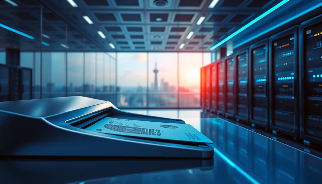 A gleaming, high-tech workspace bathed in cool, blue-tinted lighting. In the foreground, a sleek, metallic document scanner meticulously captures the details of a passport or ID card, its laser precision etching sensitive data onto the surface. In the middle ground, a state-of-the-art server rack hums with the activity of secure data processing, symbolizing the robust infrastructure safeguarding confidential information. The background reveals a panoramic view of the city skyline, conveying a sense of technological advancement and the importance of digital privacy in the modern world. A gleaming, high-tech workspace bathed in cool, blue-tinted lighting. In the foreground, a sleek, metallic document scanner meticulously captures the details of a passport or ID card, its laser precision etching sensitive data onto the surface. In the middle ground, a state-of-the-art server rack hums with the activity of secure data processing, symbolizing the robust infrastructure safeguarding confidential information. The background reveals a panoramic view of the city skyline, conveying a sense of technological advancement and the importance of digital privacy in the modern world.