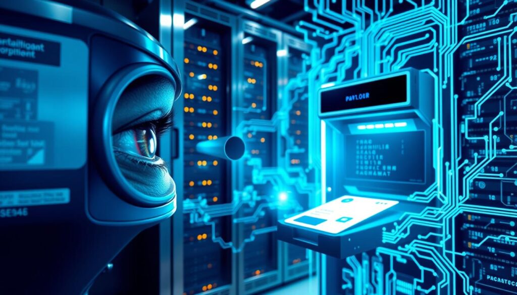 A gleaming metallic data center, its servers humming with the pulse of digital information. In the foreground, a futuristic biometric scanner scans a person's iris, verifying their identity with unwavering precision. The mid-ground showcases a high-tech document printer, its laser precision etching secure markings onto passports and ID cards. The background is bathed in a soft, azure glow, symbolizing the impenetrable digital fortress that safeguards sensitive data. Intricate circuits and lines of code weave through the scene, creating an atmosphere of advanced technology and uncompromising data protection.