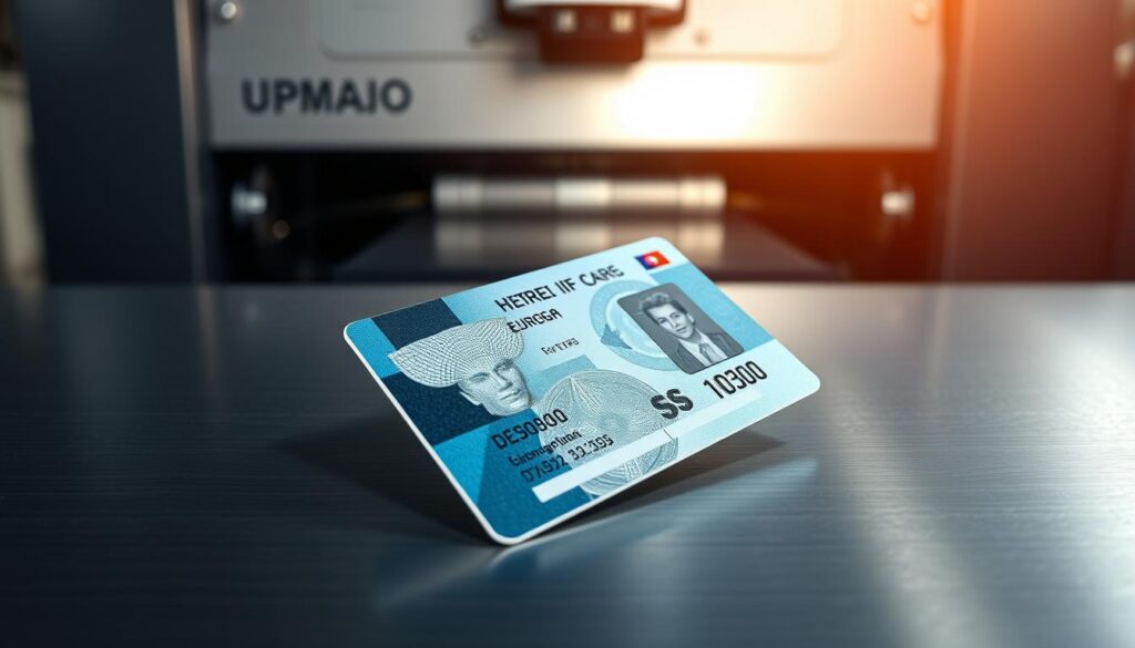 A high-quality, modern European ID card sitting on a sleek, brushed metal surface, illuminated by a crisp, directional light source. The card features intricate designs, holographic elements, and fine details that showcase advanced security features. In the background, a state-of-the-art ID card printing machine appears, its mechanical precision and technical prowess evident in the sharp lines and smooth surfaces. The overall atmosphere conveys a sense of sophistication, efficiency, and the cutting-edge technology behind the creation of official identification documents.