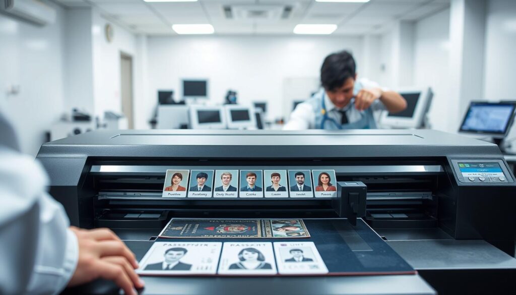 A high-quality passport being printed on a state-of-the-art laser printer, the process captured in vivid detail. The foreground shows the various stages of the secure printing process, with a skilled technician carefully overseeing each step. The middle ground features a selection of official-looking passport photos, representing the different varieties available. The background is a clean, well-lit workspace with modern equipment, conveying a sense of professionalism and advanced technology. The lighting is soft and even, highlighting the precision of the printing operation. This prompt aims to visually communicate the steps involved in obtaining a real, high-quality passport online through a secure and efficient process.