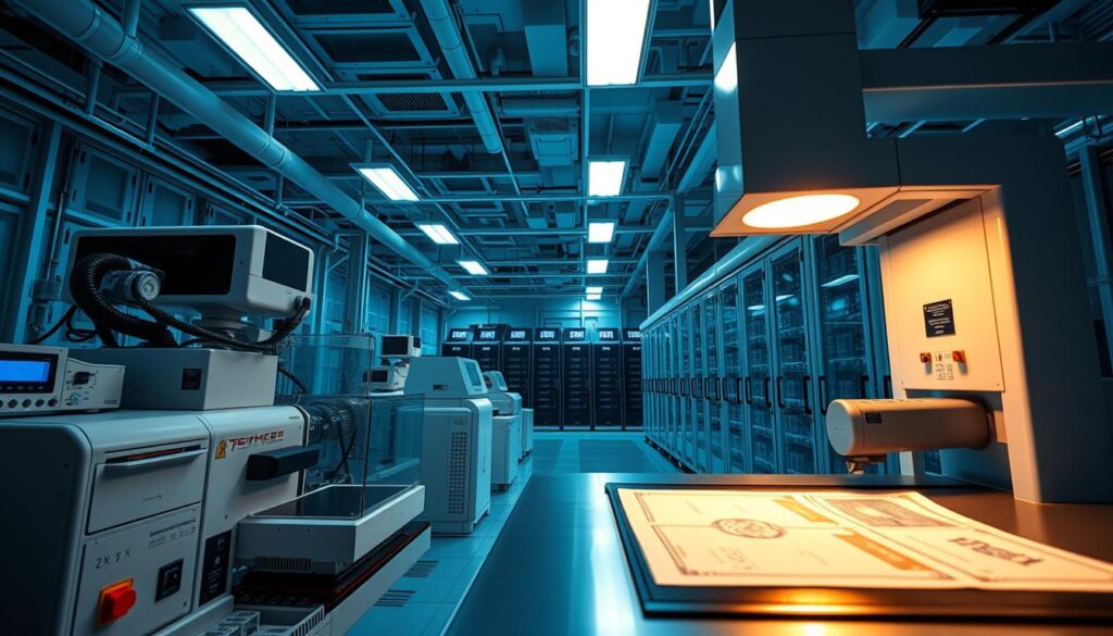 A high-security document processing facility bathed in cool, sterile lighting. In the foreground, a sleek, futuristic machine precisely laser-etches sensitive information onto passport pages with surgical precision. Rows of state-of-the-art scanners, biometric sensors, and digital security protocols fill the middle ground, vigilantly safeguarding the confidentiality of client data. In the background, a complex network of encrypted servers and data storage towers hum with the uncompromising security that powers this operation, ensuring the safe and efficient delivery of critical travel documents.