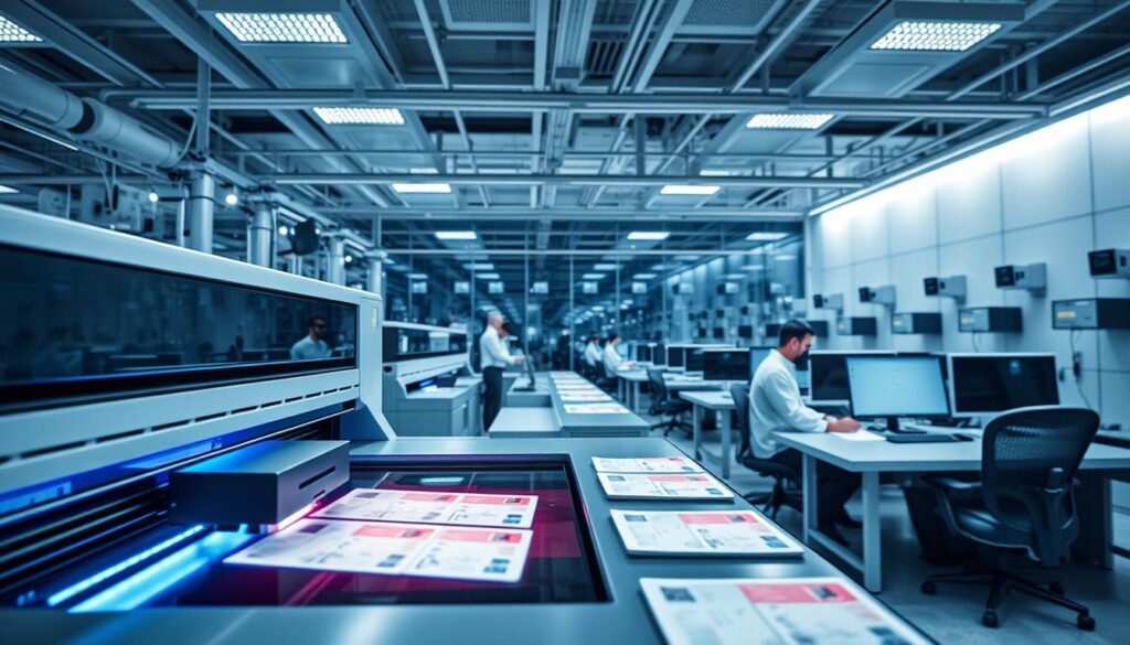 A high-tech ID card services office in Europe, showcasing a sleek and modern design. In the foreground, a laser printer rapidly produces identification cards, the beams of light reflecting off the glossy surfaces. The middle ground features a row of workstations where technicians meticulously handle the documents, their faces illuminated by the glow of computer screens. The background is a wall of security cameras and biometric scanners, creating an atmosphere of advanced security and technological sophistication. The lighting is a cool, crisp tone, emphasizing the clinical precision of the operation. Overall, the image conveys the efficiency and reliability of European ID card services.
