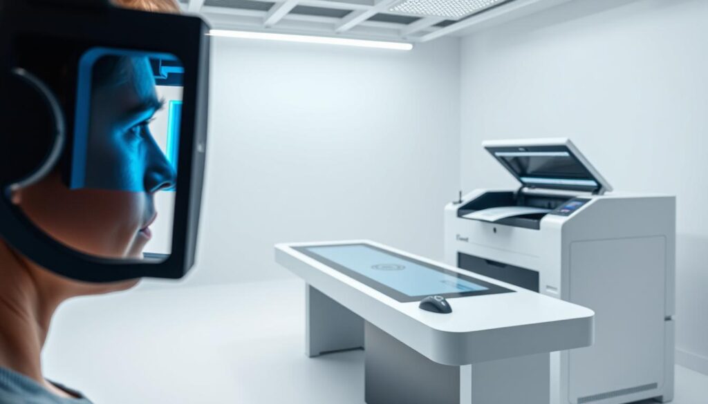 A high-tech biometric data capture station in a brightly lit, minimalist studio setting. In the foreground, a person's face is framed by advanced scanning equipment, capturing intricate facial details. The middle ground features a sleek, touch-enabled workstation with various biometric data input devices. In the background, a state-of-the-art laser printer rapidly produces a document, such as a passport or ID card, with precision and efficiency. The overall atmosphere conveys a sense of technological sophistication and seamless integration of biometric processes.