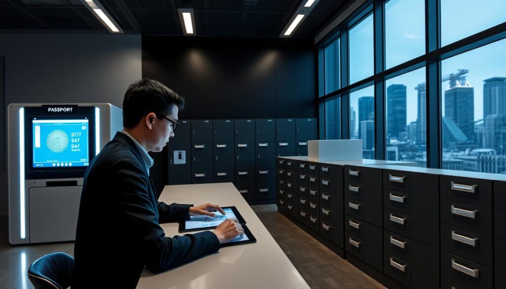 A high-tech biometric passport application process unfolds in a modern government office. In the foreground, a person sits at a sleek, minimalist counter, their face illuminated by the glow of a touchscreen interface as they input their personal details. Behind them, a state-of-the-art laser engraving station precisely etches biometric data onto a gleaming document. The middle ground features rows of secure document storage cabinets, their surfaces reflecting the crisp, professional lighting. In the background, large windows offer a view of a bustling city skyline, hinting at the global connectivity facilitated by this efficient passport application process. The overall atmosphere conveys a sense of technological sophistication, personal privacy, and seamless bureaucratic efficiency.