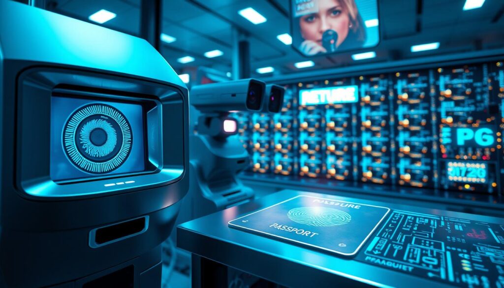 A high-tech biometric registration station, bathed in a cool, blue-tinged light. In the foreground, a sleek, metallic scanner captures detailed iris and fingerprint data. Streamlined interfaces and holographic displays showcase the secure document printing process, as a laser etches intricate patterns onto a virtual passport. The middle ground features state-of-the-art cameras and sensors, their lenses peering intently. In the background, a grid of glowing circuit boards and digital readouts convey the integration of advanced database systems. The overall atmosphere exudes a sense of precision, efficiency, and the cutting edge of identity verification technology.