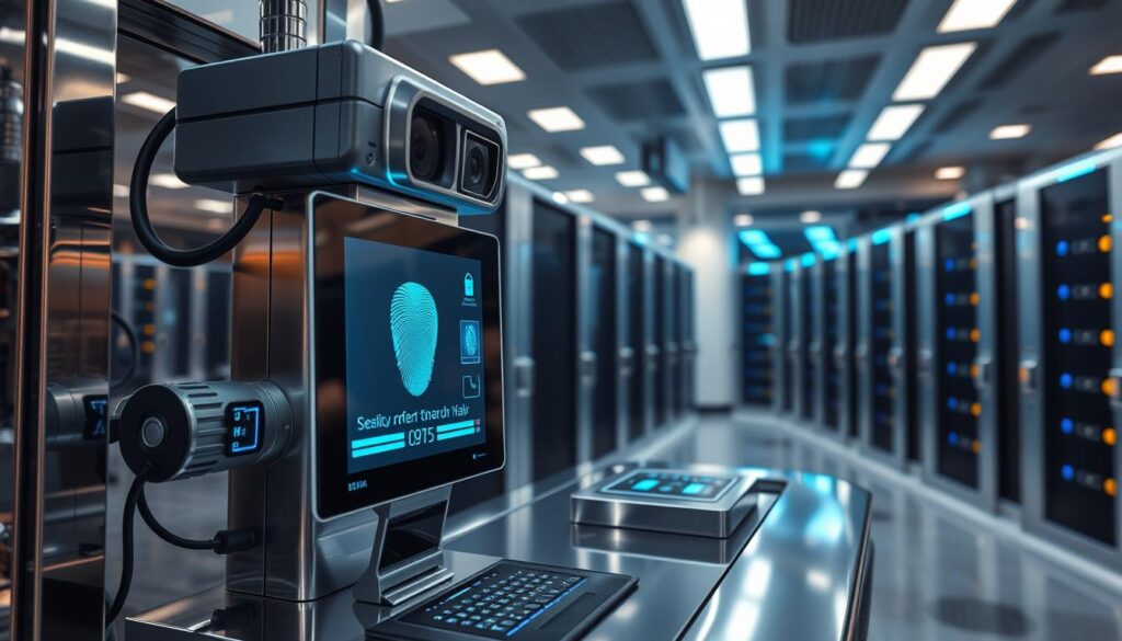 A high-tech biometric scanner station in a sleek, modern setting. Polished metal and glass surfaces reflect the soft lighting, creating an atmosphere of advanced security and precision. Cameras, sensors, and a holographic display panel dominate the foreground, showcasing the intricate process of capturing detailed facial, iris, and fingerprint data. In the background, a bank of powerful servers hum, processing the biometric information and ensuring the highest levels of identity verification. The scene conveys a sense of cutting-edge technology, robust security, and a seamless user experience. A high-tech biometric scanner station in a sleek, modern setting. Polished metal and glass surfaces reflect the soft lighting, creating an atmosphere of advanced security and precision. Cameras, sensors, and a holographic display panel dominate the foreground, showcasing the intricate process of capturing detailed facial, iris, and fingerprint data. In the background, a bank of powerful servers hum, processing the biometric information and ensuring the highest levels of identity verification. The scene conveys a sense of cutting-edge technology, robust security, and a seamless user experience.