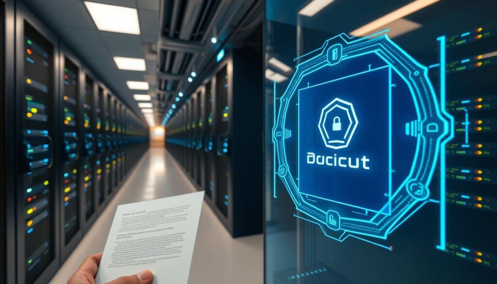 A high-tech data center with rows of secured servers, blinking lights, and a sleek, minimalist design. In the foreground, a close-up of a biometric security system scanning a document, highlighting the advanced security measures in place. The background features a holographic display showcasing the company's logo and data protection protocols. Soft, directional lighting creates a sense of professionalism and technological sophistication. Captured with a wide-angle lens to convey the scale and importance of the data center's security infrastructure.