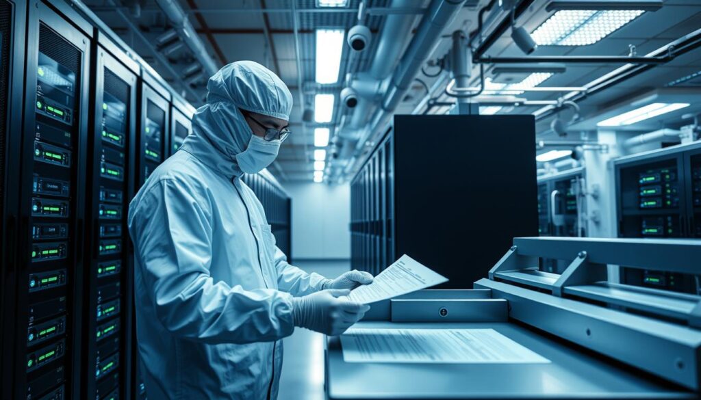 A high-tech data center with rows of server racks, glowing blue and green indicator lights, and sleek security cameras mounted on the walls. In the foreground, a technician in a clean-room suit carefully handles a confidential document, using specialized equipment to securely laser-print sensitive information onto the pages. The space is bathed in a cool, clinical lighting, conveying a sense of precision and control over sensitive data. The overall atmosphere exudes an air of advanced security and technological sophistication, befitting the strict confidentiality requirements of immigration documents.