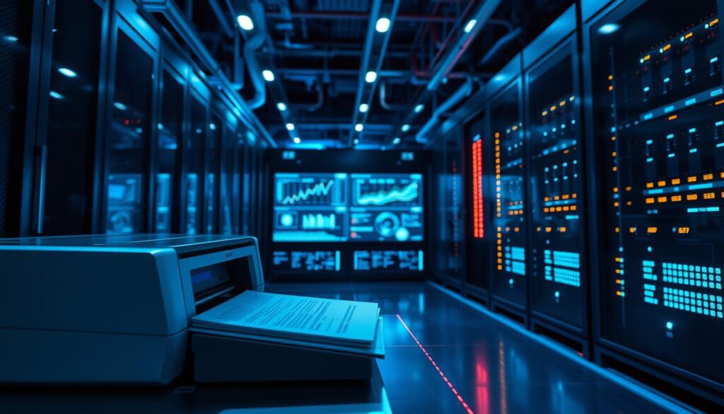 A high-tech data protection facility, illuminated by cool blue lighting and gleaming metallic surfaces. In the foreground, a secure document scanner delicately processes sensitive information, its laser precision cutting through the pages. In the middle ground, a bank of monitors displays real-time security analytics, with graphs and visualizations tracking the flow of protected data. The background is dominated by towering server racks, their blinking lights and cooling fans creating an atmosphere of technological mastery. The overall scene conveys an air of unwavering commitment to safeguarding client confidentiality through state-of-the-art security systems. A high-tech data protection facility, illuminated by cool blue lighting and gleaming metallic surfaces. In the foreground, a secure document scanner delicately processes sensitive information, its laser precision cutting through the pages. In the middle ground, a bank of monitors displays real-time security analytics, with graphs and visualizations tracking the flow of protected data. The background is dominated by towering server racks, their blinking lights and cooling fans creating an atmosphere of technological mastery. The overall scene conveys an air of unwavering commitment to safeguarding client confidentiality through state-of-the-art security systems.
