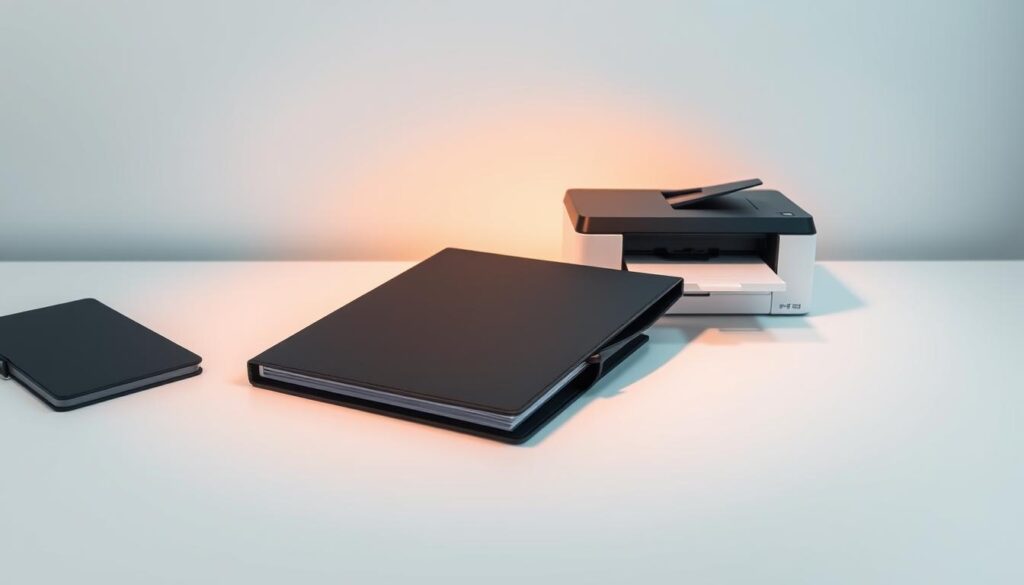 A high-tech document portfolio resting on a sleek, minimalist desk. The portfolio's exterior is a matte black, with crisp edges and a subtle sheen, hinting at the quality and precision of its contents. Carefully placed next to it, a high-end laser printer emits a faint hum, ready to produce pristine, professional-grade documents. The desktop is illuminated by a single, warm spotlight, casting a soft glow over the scene and emphasizing the importance of the materials. The background is a clean, monochromatic expanse, allowing the portfolio and printer to take center stage, conveying a sense of authority and attention to detail.