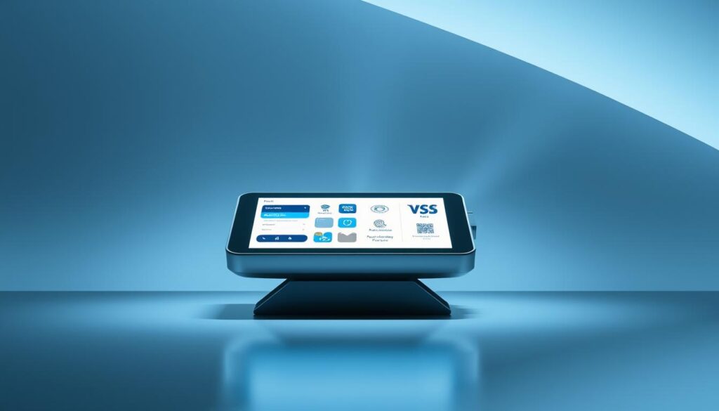 A high-tech, futuristic payment terminal set against a sleek, minimalist backdrop. The terminal features a smooth, touchscreen interface, with various payment options like credit/debit cards, mobile wallets, and biometric authentication displayed in a clean, intuitive layout. Bright, directional lighting illuminates the device, creating a sense of sophistication and reliability. The scene conveys a secure, streamlined payment experience, perfect for a user-friendly and trustworthy transaction.