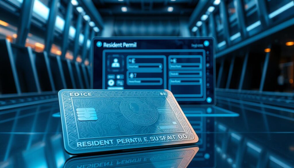 A high-tech, futuristic rendering of a resident permit renewal document. In the foreground, a glossy, metallic permit card with intricate patterns and security features, reflecting the advanced technology used in its design. The middle ground features a sleek, minimalist interface of a digital application system, with clean lines and holographic elements. In the background, a backdrop of sleek, metallic architectural elements, conveying a sense of efficiency and sophistication. The lighting is crisp and directional, highlighting the precision and attention to detail in the overall composition. The mood is one of modernity, efficiency, and technological prowess, befitting the subject of securing a resident permit in a technologically advanced nation.