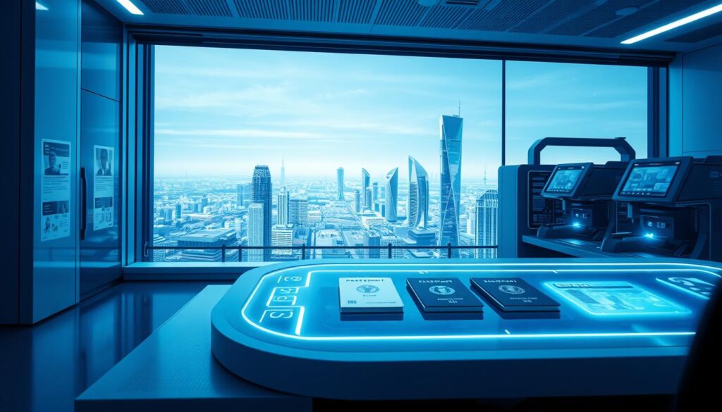 A high-tech, futuristic scene depicting the benefits of EU citizenship. In the foreground, a sleek, minimalist workstation with a curved, holographic display showcasing digital documents and ID cards being processed. Behind it, a series of advanced machines with embedded lasers carefully engraving and personalizing official EU passports and IDs. The middle ground features a panoramic view of a bustling European city skyline, with modern skyscrapers and infrastructure symbolizing the interconnectedness and opportunities afforded by EU citizenship. The lighting is cool and blue-tinted, conveying a sense of precision and innovation. The overall atmosphere is one of technological sophistication, efficiency, and the progressive, borderless future of the European Union.