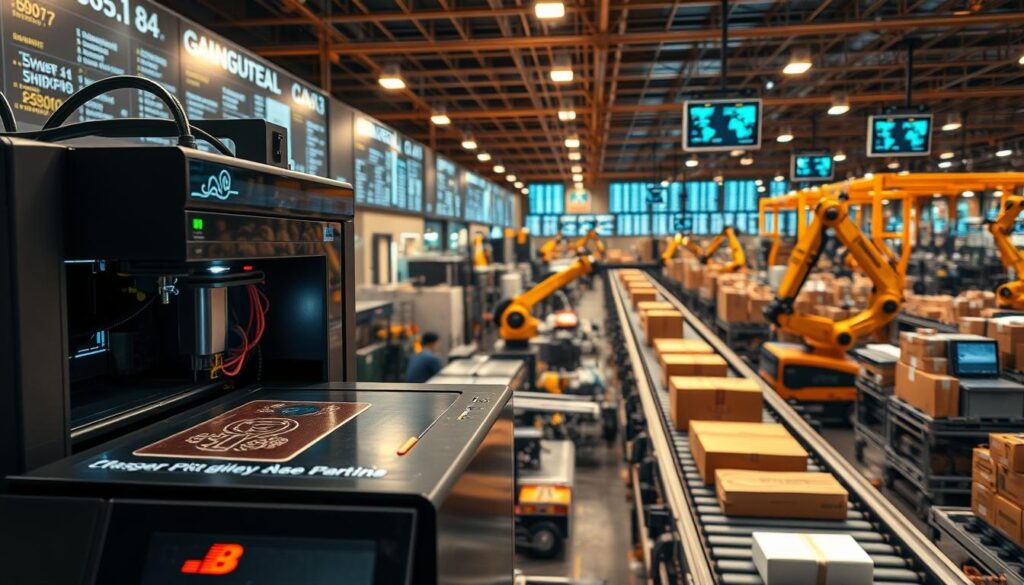 A high-tech global logistics hub, bustling with activity. In the foreground, a state-of-the-art laser printer etches intricate patterns onto passports and IDs, reflecting the precision and security of worldwide shipping. In the middle ground, robotic arms efficiently sort and package parcels, while conveyor belts whir with the movement of goods destined for every corner of the planet. The background is a hive of digital displays, monitoring shipment statuses and optimizing delivery routes through a vast, interconnected network. Warm lighting bathes the scene, conveying a sense of efficient, cutting-edge technology that powers the seamless flow of international commerce. A high-tech global logistics hub, bustling with activity. In the foreground, a state-of-the-art laser printer etches intricate patterns onto passports and IDs, reflecting the precision and security of worldwide shipping. In the middle ground, robotic arms efficiently sort and package parcels, while conveyor belts whir with the movement of goods destined for every corner of the planet. The background is a hive of digital displays, monitoring shipment statuses and optimizing delivery routes through a vast, interconnected network. Warm lighting bathes the scene, conveying a sense of efficient, cutting-edge technology that powers the seamless flow of international commerce.