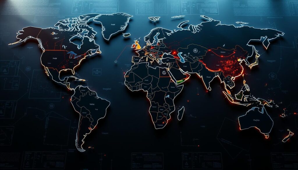 A high-tech, global map showcasing major regions and their service coverage. Detailed continents, countries, and cities represented with sleek, futuristic symbols and icons. Vibrant colors, sharp edges, and a modern, minimalist aesthetic. Intricate laser-printed textures on the surface, hinting at advanced document production capabilities. Dramatic lighting casts dramatic shadows, creating depth and a sense of sophistication. The overall impression is one of a highly interconnected, technologically-advanced world, ready to serve the needs of a global clientele.