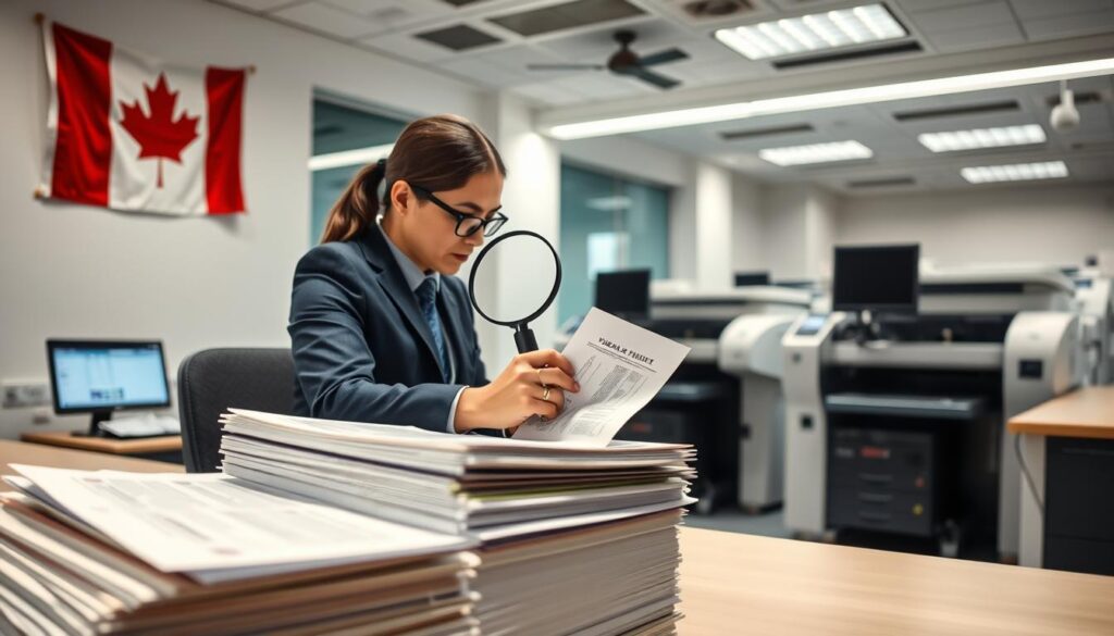 A high-tech immigration office with modern workstations and state-of-the-art document processing equipment. A Canadian flag hangs prominently on the wall, as a government official examines a visa application through a magnifying glass. The lighting is bright and professional, with a sense of efficiency and attention to detail. The foreground features a neatly organized stack of forms and identification documents, while the background showcases advanced laser printing and scanning machines, conveying the technological sophistication of the visa application process.