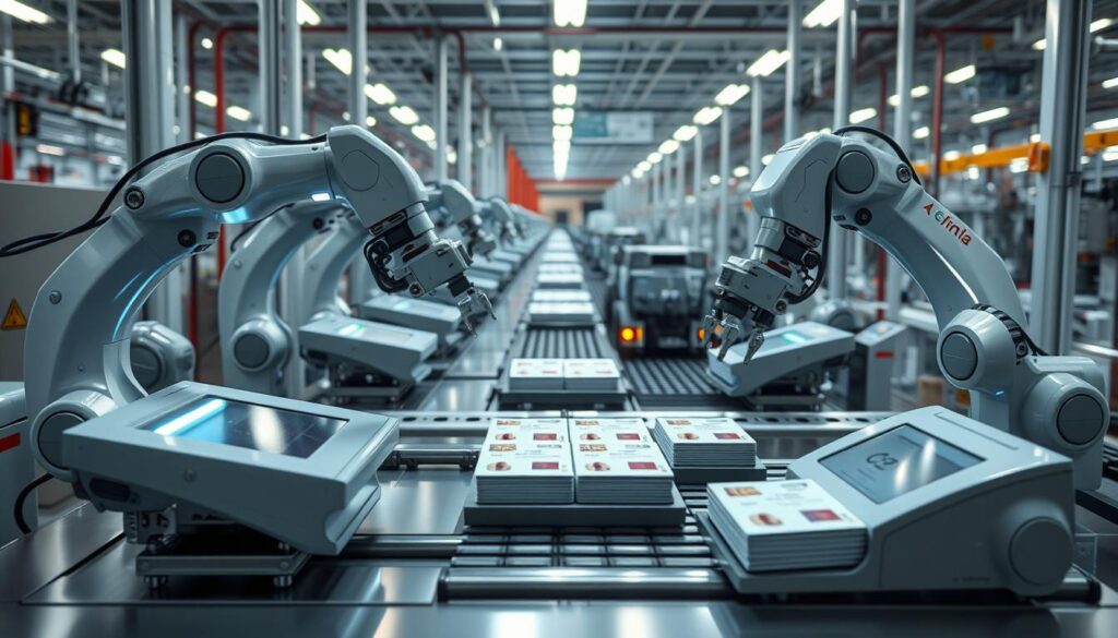A high-tech logistics facility, with sleek robotic arms precisely printing and packaging specialized documents like passports and ID cards. Glistening metal surfaces, LED-lit workstations, and futuristic scanners create an atmosphere of efficiency and discretion. In the background, a network of conveyor belts and autonomous vehicles seamlessly transports the packaged items, ready for global distribution. Muted colors, clean lines, and a sense of industrial elegance convey the reliability and confidentiality of this worldwide shipping operation.