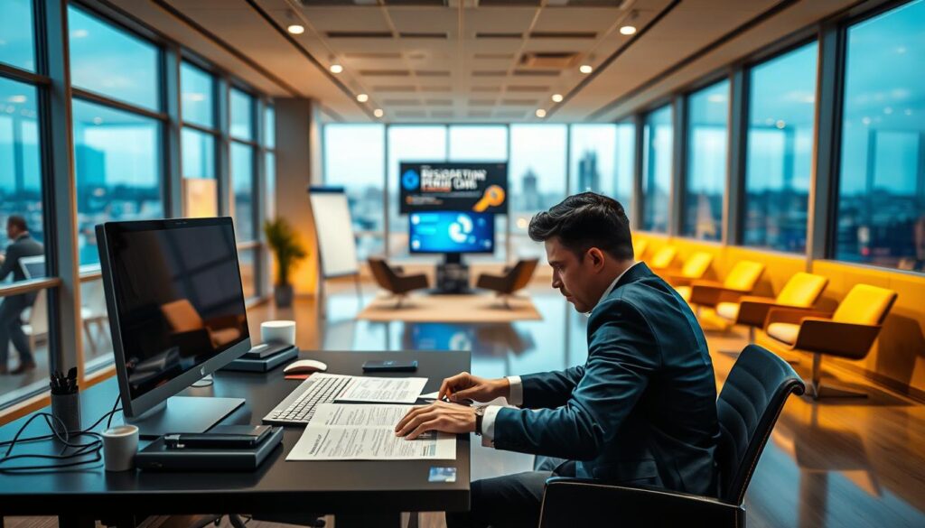 A high-tech office interior, dimly lit by a warm glow from floor-to-ceiling windows. In the foreground, a desk with a state-of-the-art computer, sleek office supplies, and a Portugal resident permit application form. A person in a crisp suit sits, studying the documents intently. In the middle ground, a modern, minimalist waiting area with comfortable chairs and a display screen showcasing the application process. The background is a blurred cityscape, hinting at the cosmopolitan nature of the setting. The atmosphere conveys a sense of professionalism, efficiency, and the importance of the resident permit application process.