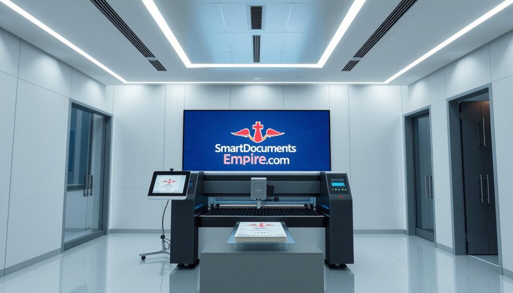 A high-tech office interior with a sleek, minimalist design. In the center, a state-of-the-art document printing station, its advanced laser technology precisely etching details onto a passport. Bright, diffused lighting creates a clean, professional atmosphere. The background features a large display screen showcasing the "SmartDocumentsEmpire.com" logo, conveying a sense of authority and technological expertise. The scene exudes an air of efficiency and precision, reflecting the website's promise of providing the best real passport services.