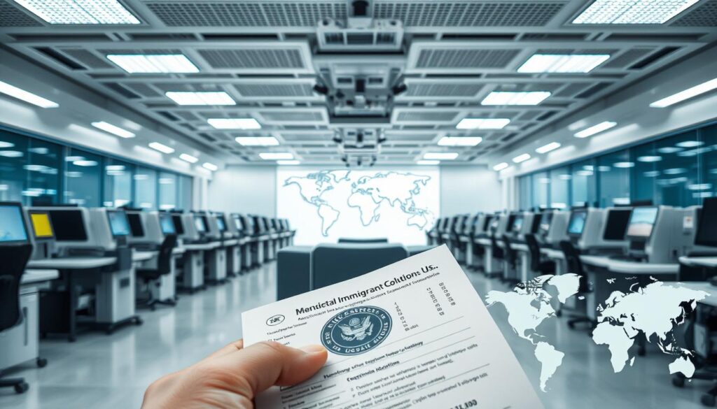 A high-tech office interior, with rows of sleek, modern workstations and state-of-the-art document processing equipment. Laser printers whir as they produce crisp, high-quality immigration documents like passports and ID cards. The lighting is bright and even, casting a professional, efficient atmosphere. In the foreground, a detailed close-up of a document being carefully inspected, the intricate security features visible under the scrutiny of trained eyes. The middle ground showcases the comprehensive services offered, from application assistance to secure delivery. In the background, a stylized world map hints at the global reach of these specialized immigration document solutions.