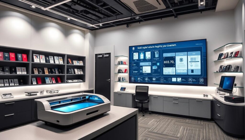 A high-tech office interior with sleek, minimalist decor. In the foreground, a modern desk with advanced ID printing equipment, including a laser engraver and high-speed document scanner. The walls are lined with shelves displaying various identification documents, holograms, and security features. Soft, directional lighting illuminates the space, creating a professional and efficient atmosphere. In the background, a large, interactive display showcases the range of ID services offered, from passports to driver's licenses. The overall scene conveys a sense of specialized expertise and cutting-edge technology in the field of fast, secure identification solutions.