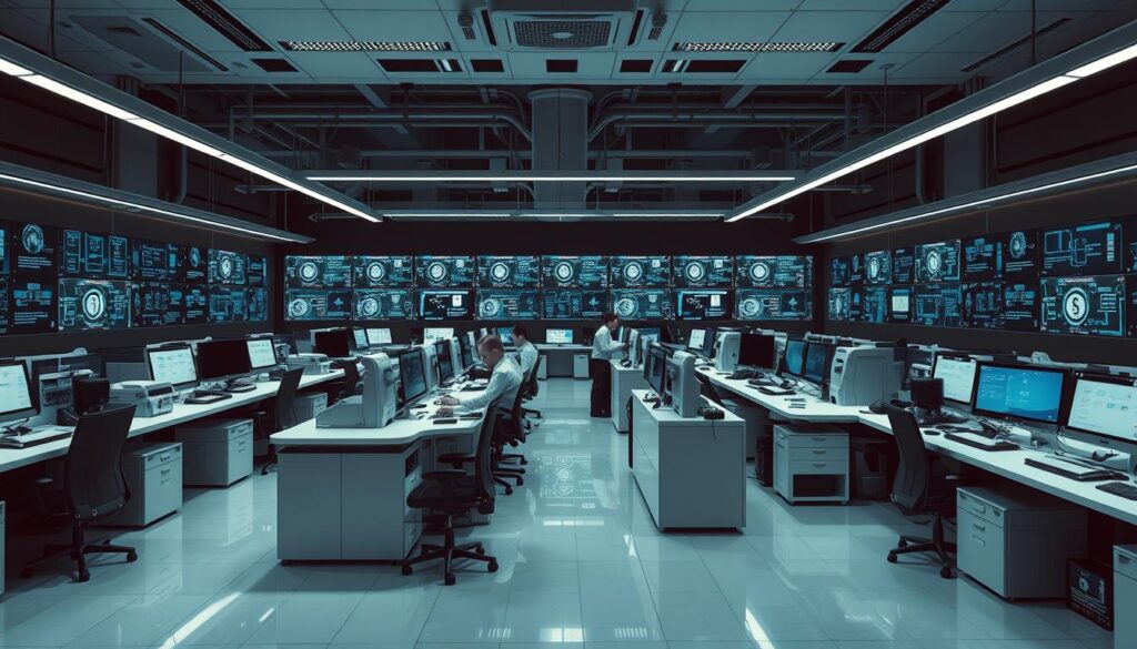 A high-tech office interior with sleek, modern workstations and a focus on document production. In the center, a team of professionals operates advanced printing and scanning equipment, meticulously crafting personalized identification documents. The lighting is cool and precise, casting sharp shadows that highlight the precision of their work. In the background, a vast array of screens displays technical schematics and security protocols, underscoring the cutting-edge nature of SmartDocumentsEmpire.com's services. The atmosphere is one of focused efficiency and attention to detail, radiating the key benefits of their offerings.