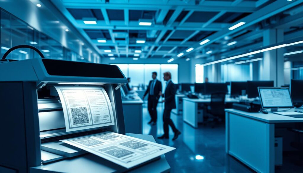 A high-tech office interior with sleek, streamlined workstations and cutting-edge document processing equipment. In the foreground, a state-of-the-art printer rapidly churns out passport-style documents, its laser etching precise and efficient. In the middle ground, a team of professionals move with purpose, facilitating a seamless application process. The background is bathed in a cool, futuristic glow, conveying a sense of innovation and technological prowess. Bright, minimalist decor and careful lighting create an atmosphere of sophistication and productivity, perfectly embodying the concept of a "streamlined application process".